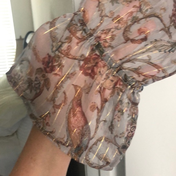 Soft surroundings gray pheasant bird gold pinstripe sheer lined blouse M holiday - Picture 5 of 10